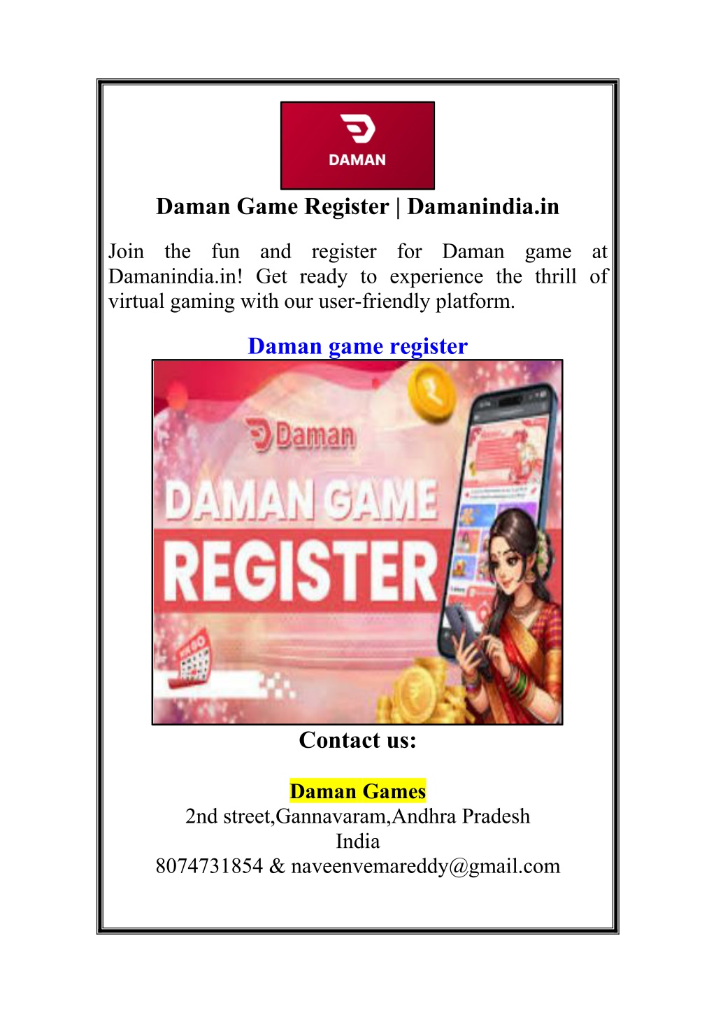 daman game register damanindia in l.w