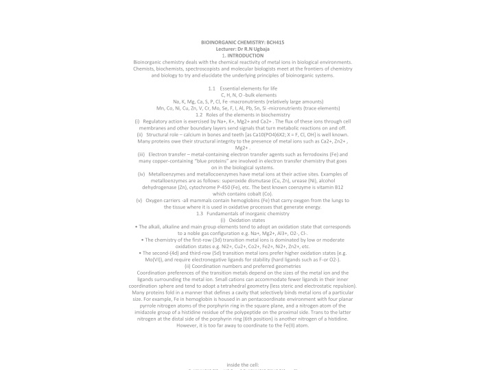 Bioinorganic Chemistry: Essential Elements and Structural Functions in Biological Systems