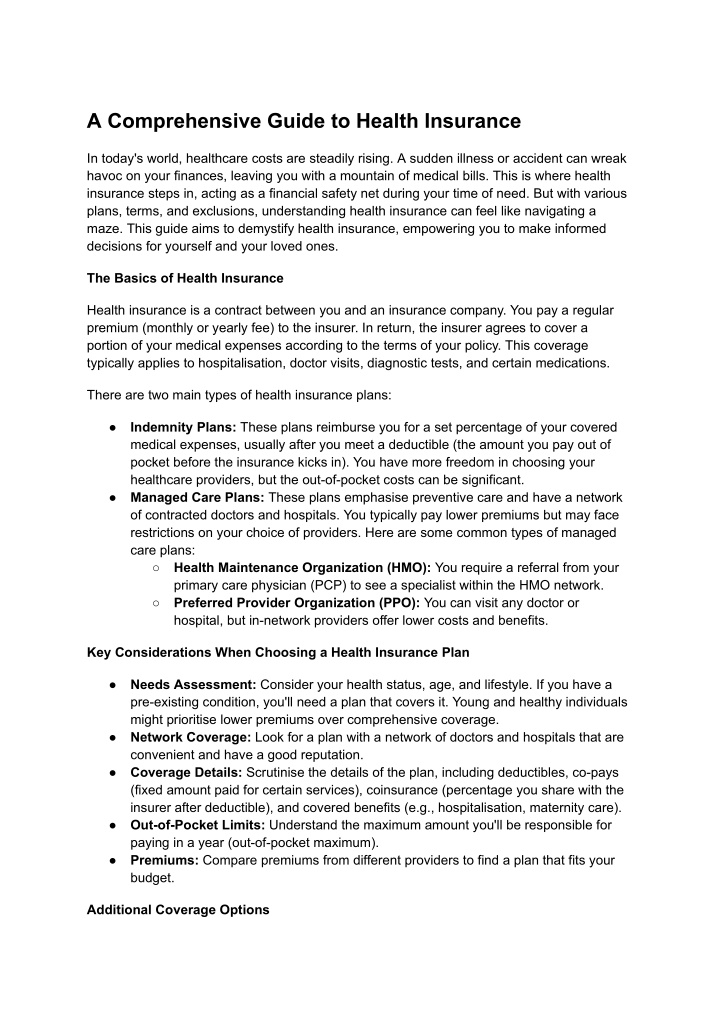 a comprehensive guide to health insurance n.w