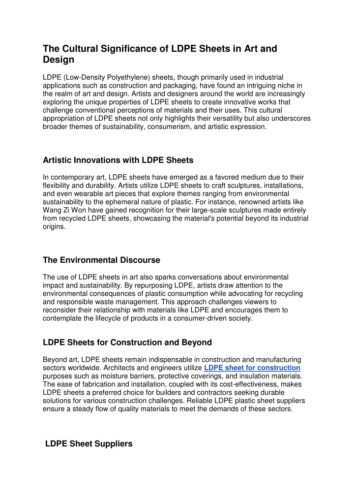 the cultural significance of ldpe sheets n.w