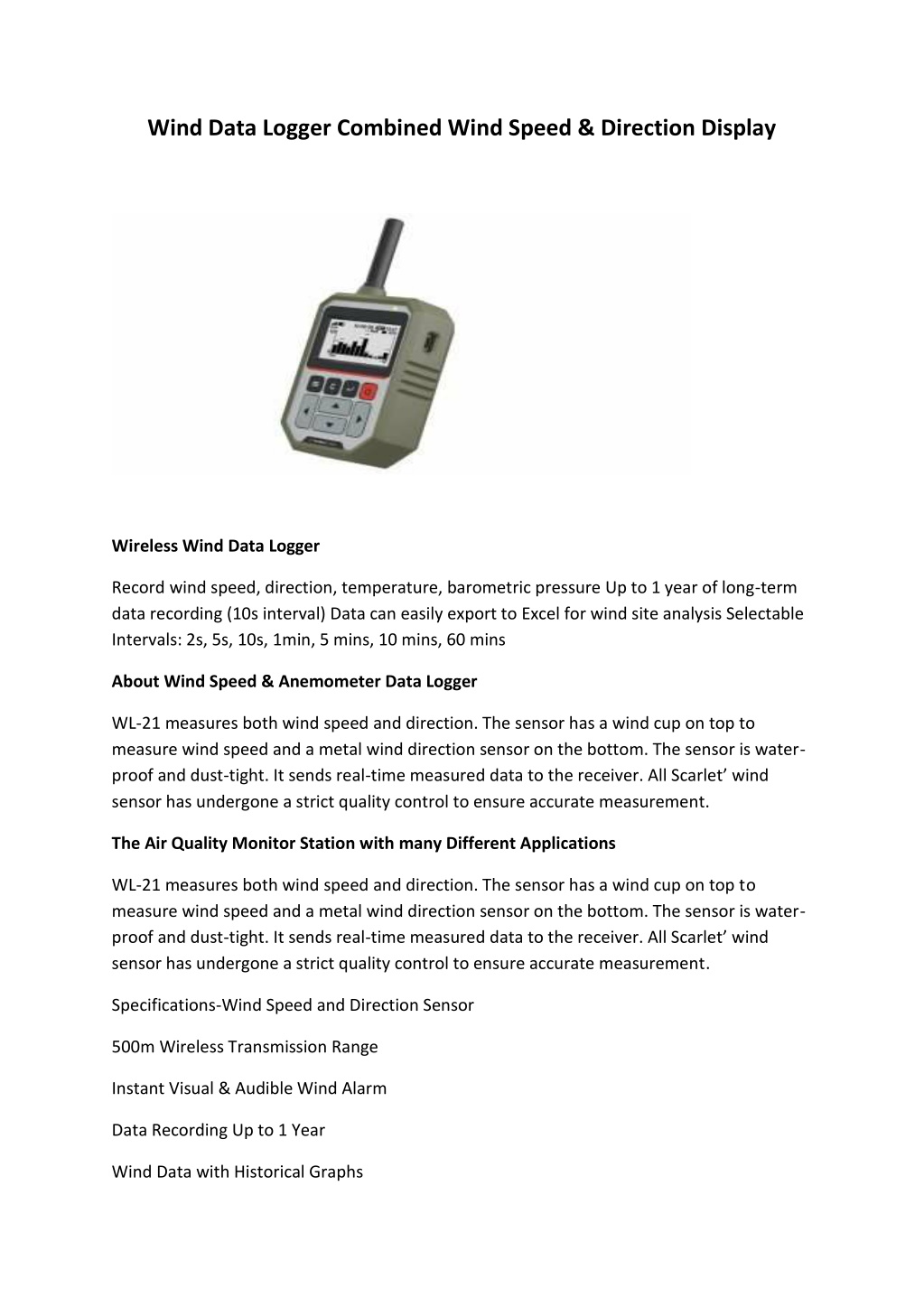 wind data logger combined wind speed direction l.w