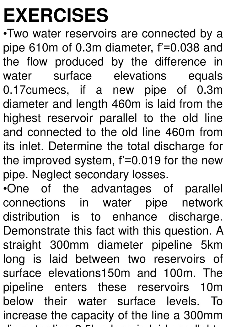 Water Pipeline System Design and Analysis Exercises