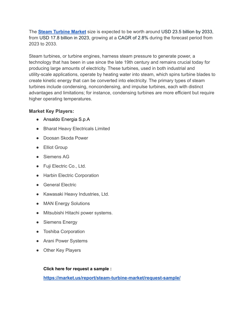 the steam turbine market size is expected l.w