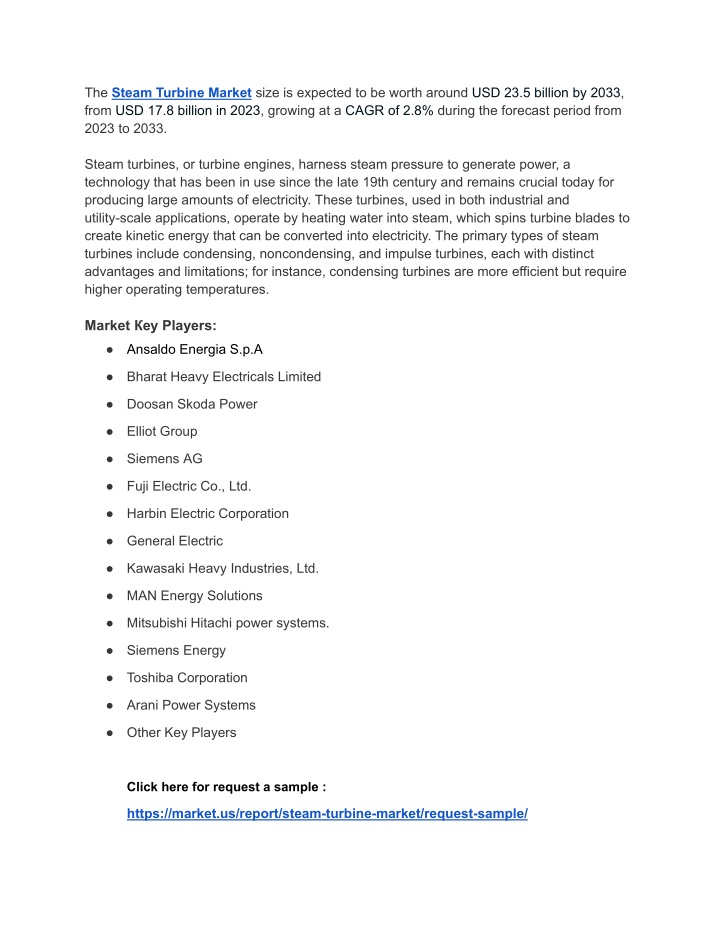 the steam turbine market size is expected n.w