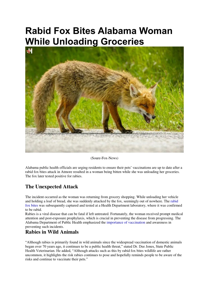 rabid fox bites alabama woman while unloading n.w