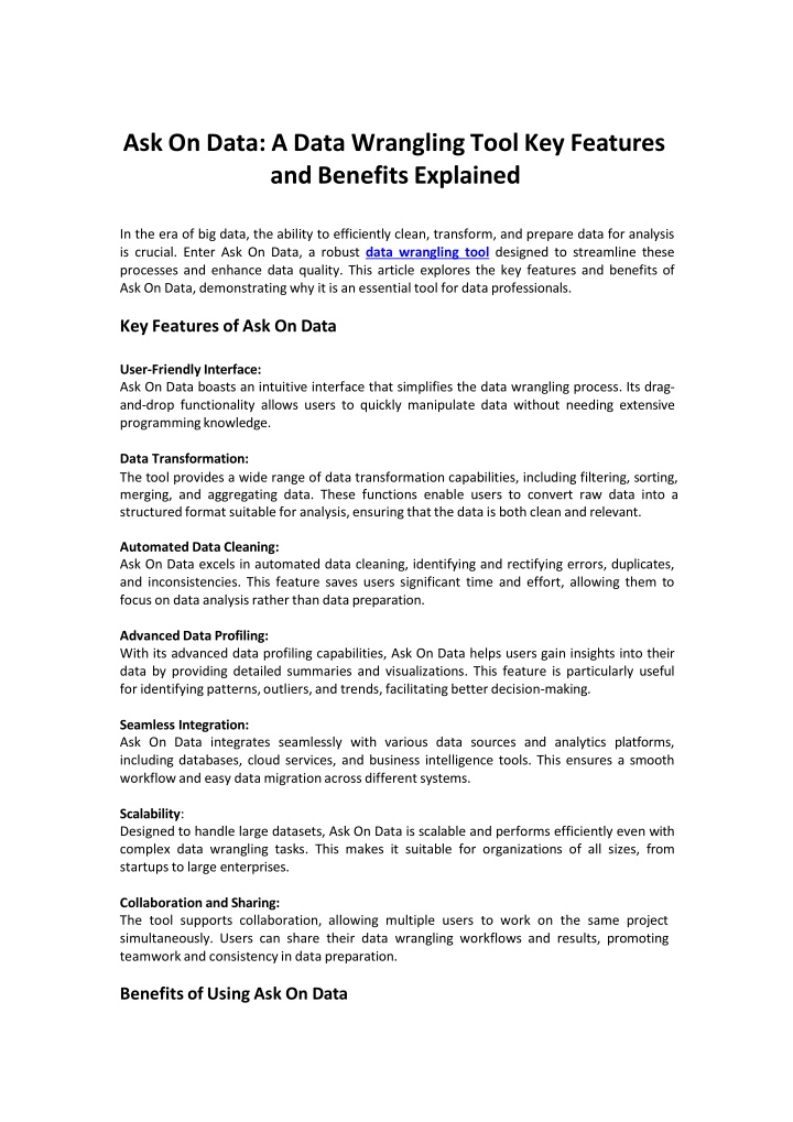 A Data Wrangling Tool Key Features and Benefits