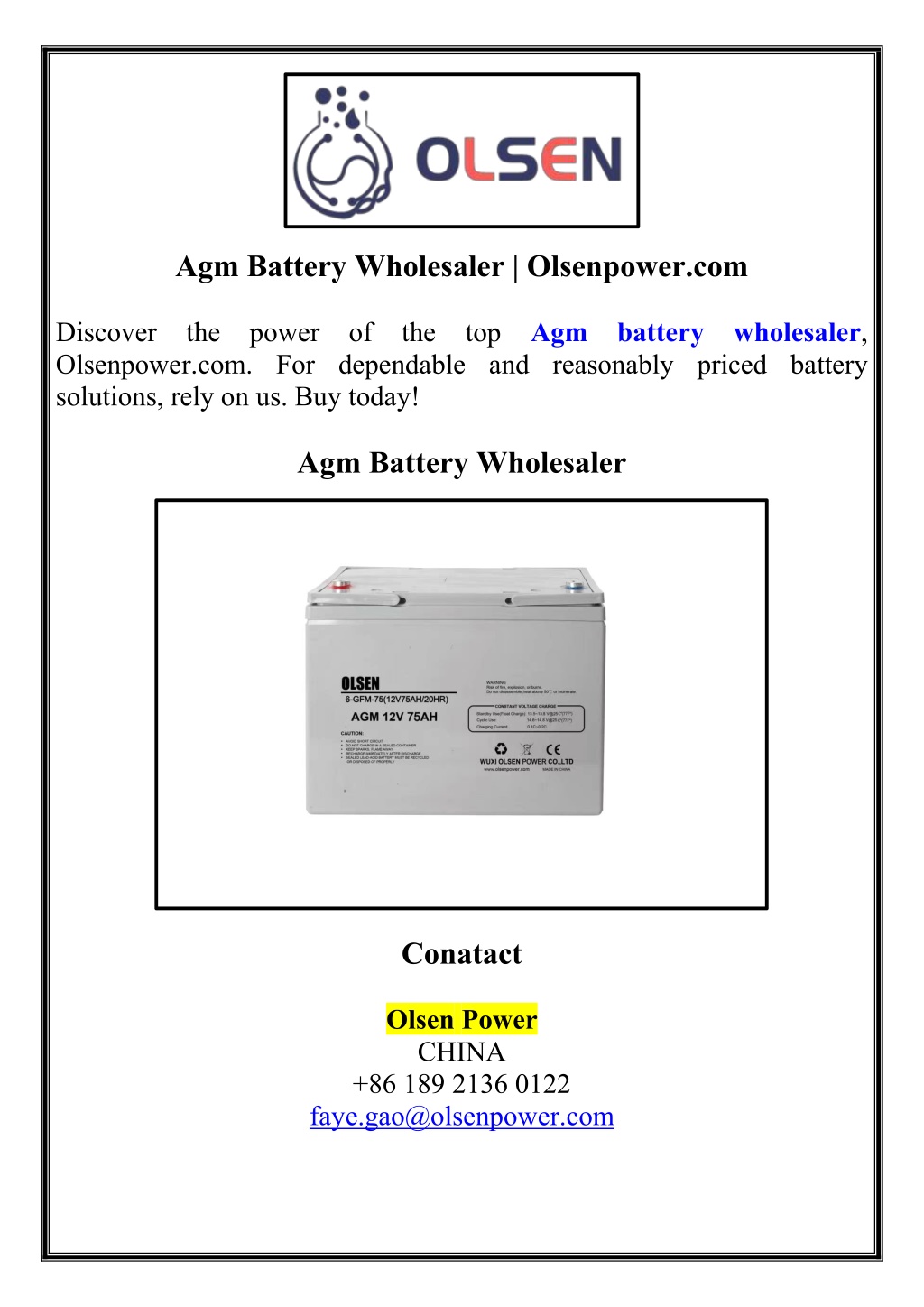 agm battery wholesaler olsenpower com l.w