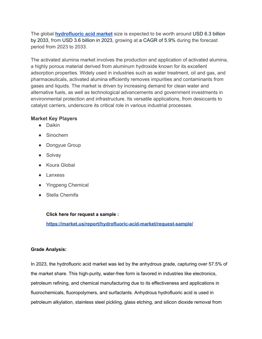 the global hydrofluoric acid market size l.w