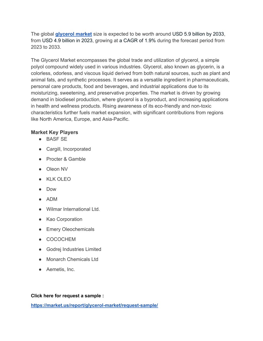 the global glycerol market size is expected l.w