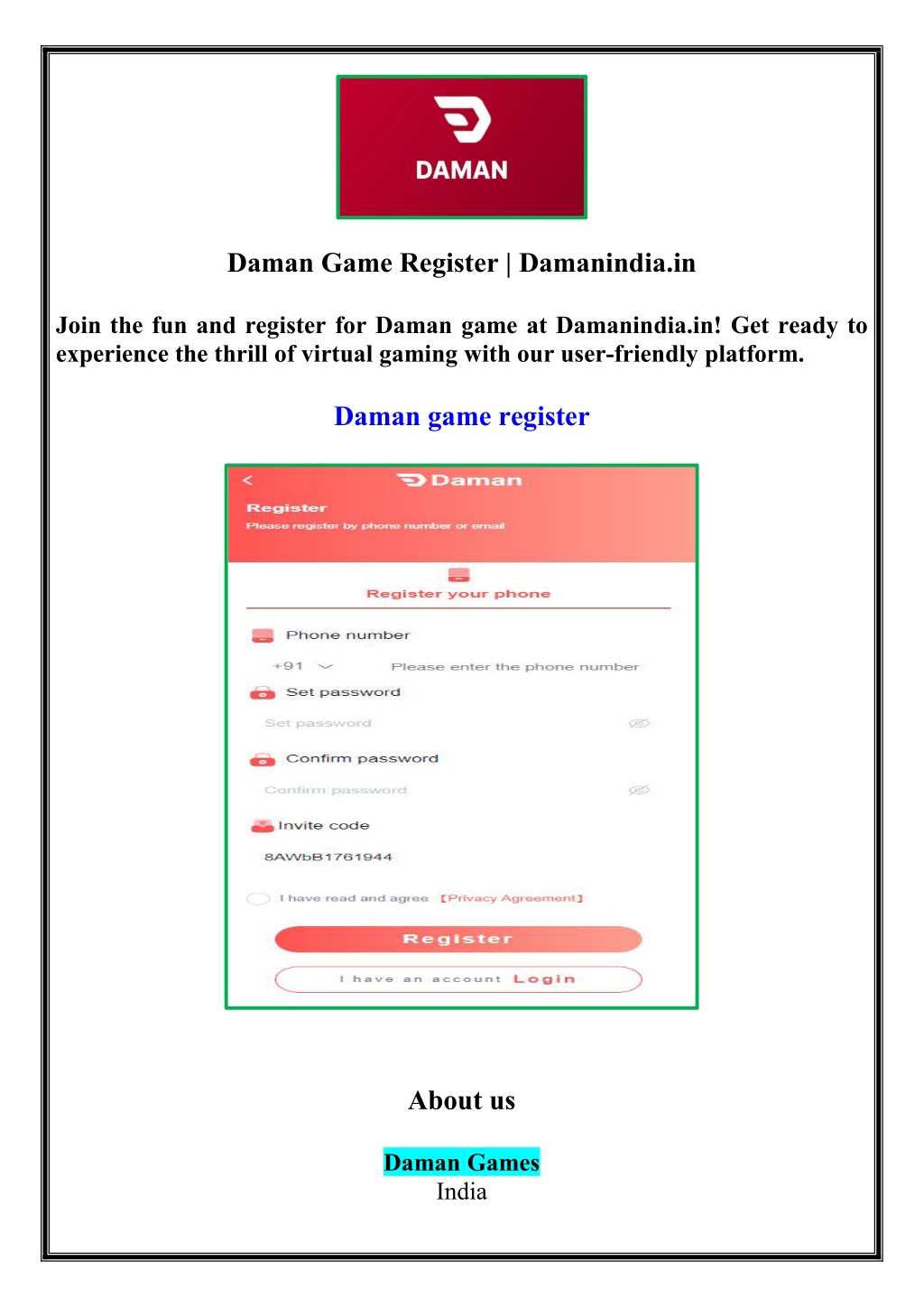 daman game register damanindia in l.w