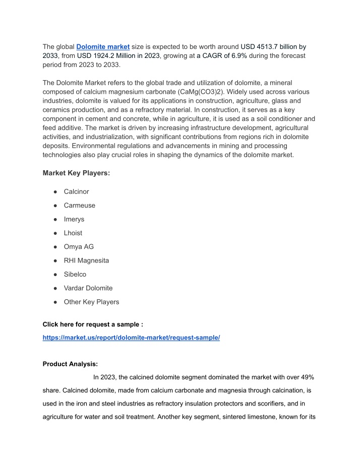 the global dolomite market size is expected n.w