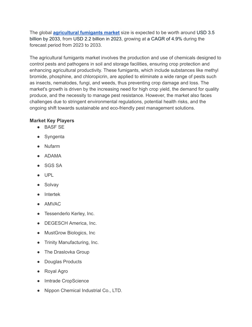 the global agricultural fumigants market size l.w