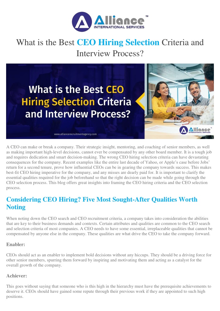 what is the best ceo hiring selection criteria n.w