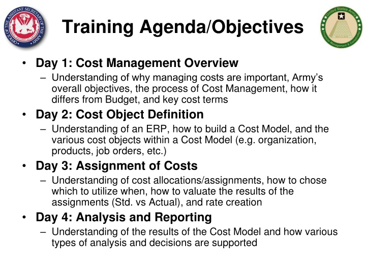 Comprehensive Cost Management Training Objectives