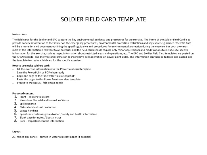 Soldier Field Card Template for Exercise Environmental Guidance
