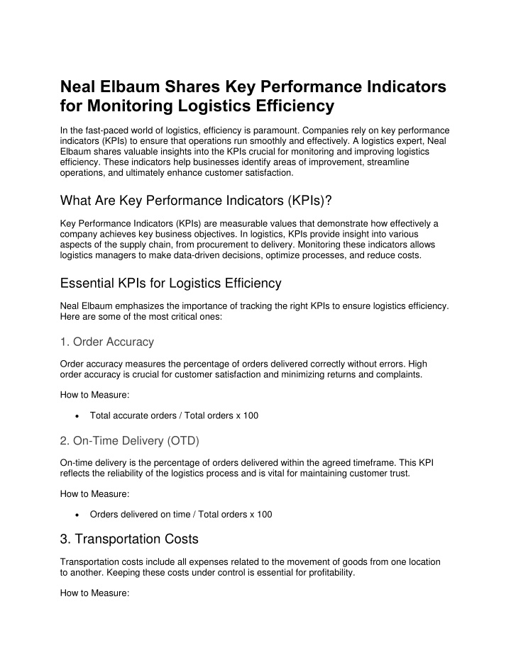 neal elbaum shares key performance indicators n.w
