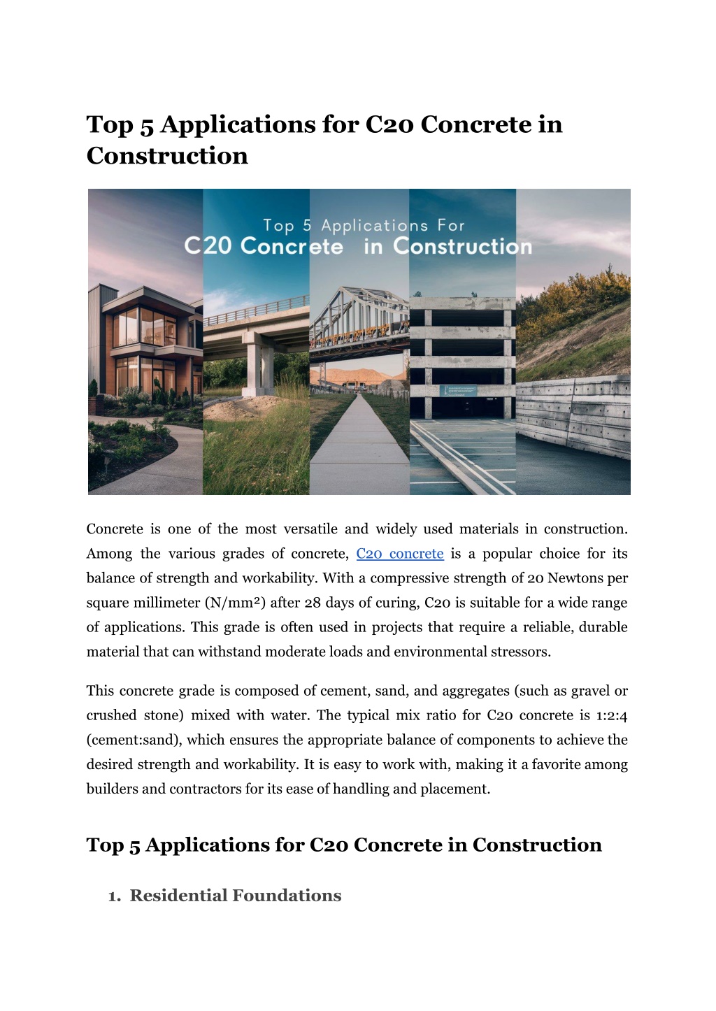 top 5 applications for c20 concrete l.w