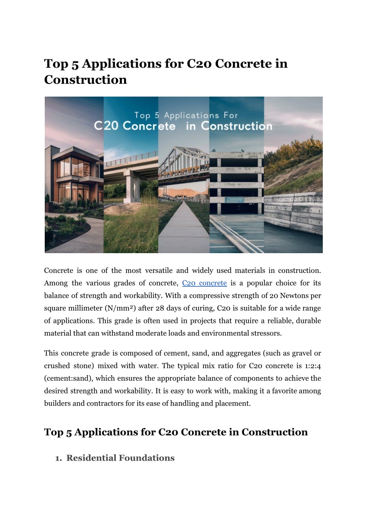 top 5 applications for c20 concrete n.w