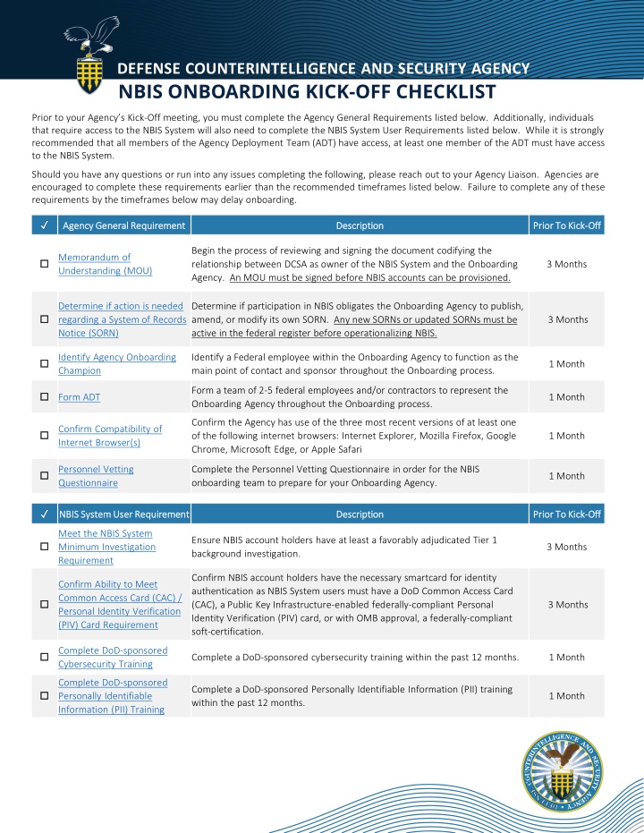 NBIS Onboarding Kick-Off Checklist & Memorandum of Understanding