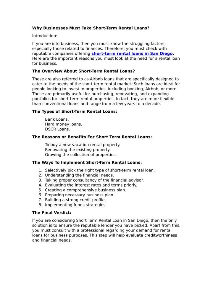 why businesses must take short term rental loans n.w