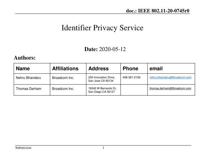 IEEE 802.11-20-0745r0 Identifier Privacy Service