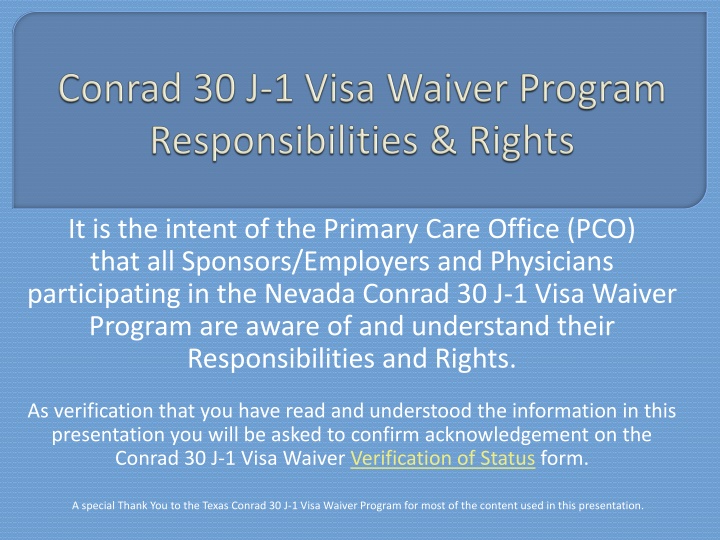 Responsibilities and Rights in Nevada Conrad 30 J-1 Visa Waiver Program