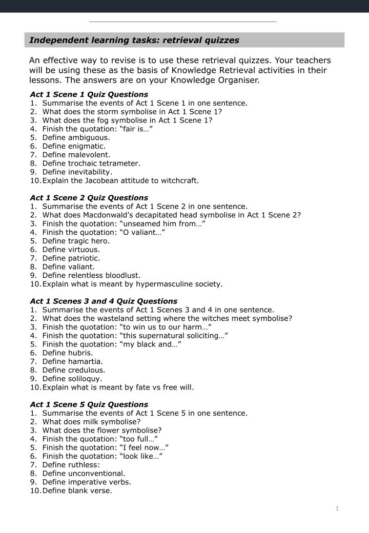 Macbeth Quiz: Act Summaries, Symbolism, and Definitions