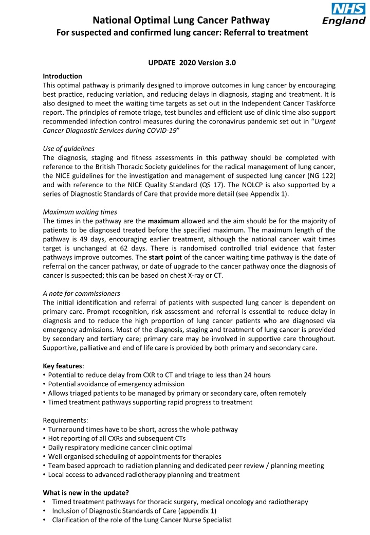 National Optimal Lung Cancer Pathway: Referral to Treatment Update 2020 Version 3.0