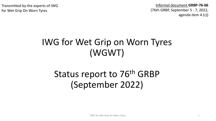 Update on IWG for Wet Grip on Worn Tyres Activities