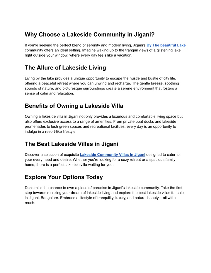 why choose a lakeside community in jigani n.w