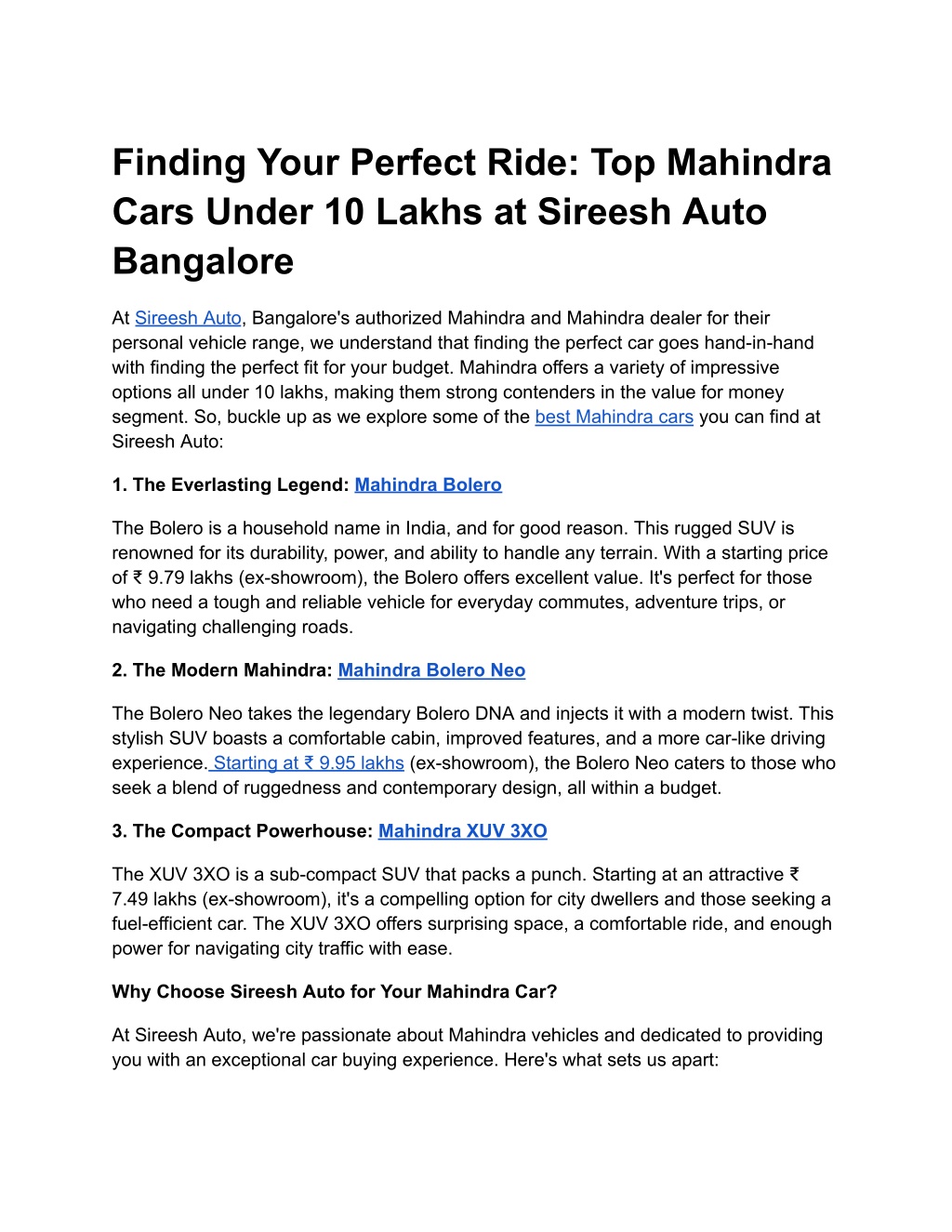 finding your perfect ride top mahindra cars under l.w