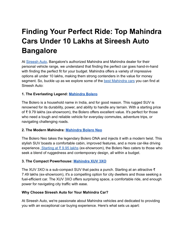 finding your perfect ride top mahindra cars under n.w
