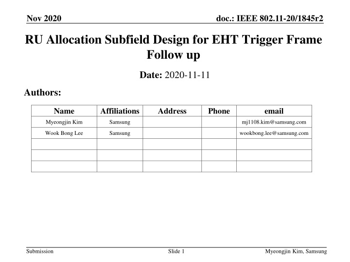 Designing 9-Bit RU Allocation Subfield for EHT Trigger Frame in IEEE 802.11-20