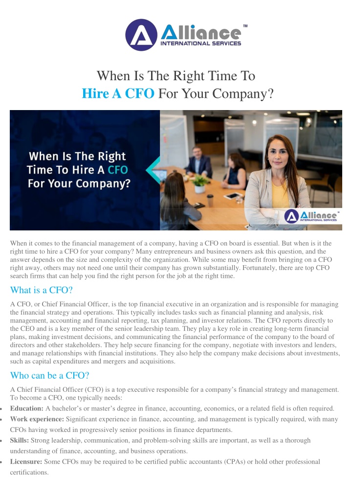 when is the right time to hire a cfo for your n.w