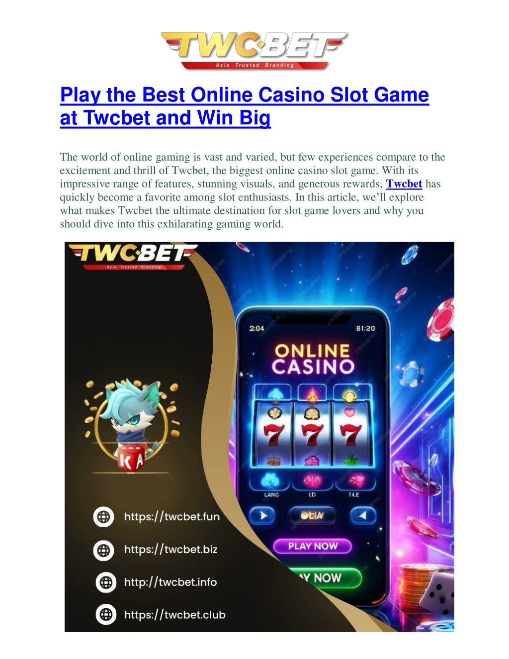 play the best online casino slot game at twcbet l.w