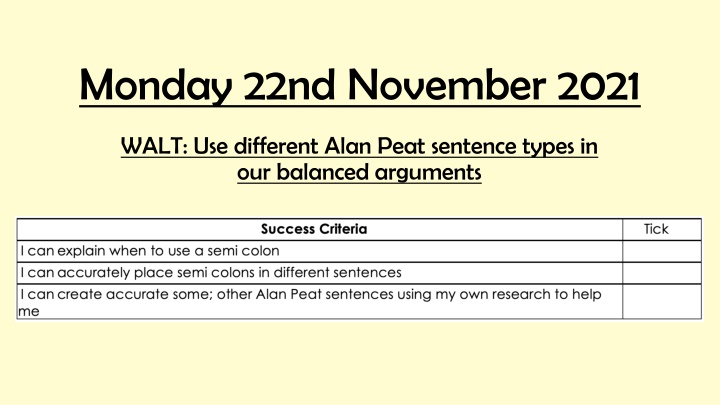 Mastering Alan Peat's Balanced Arguments with Different Sentence Types