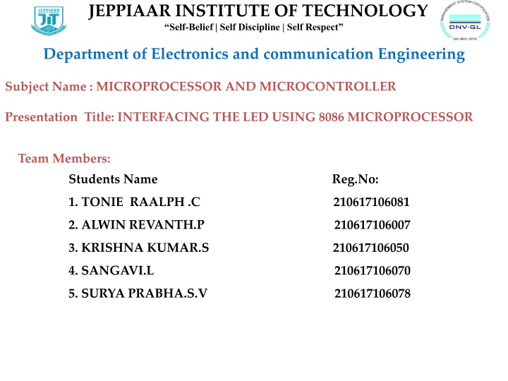 Interfacing the LED with 8086 Microprocessor - JEPPIAAR INSTITUTE OF TECHNOLOGY