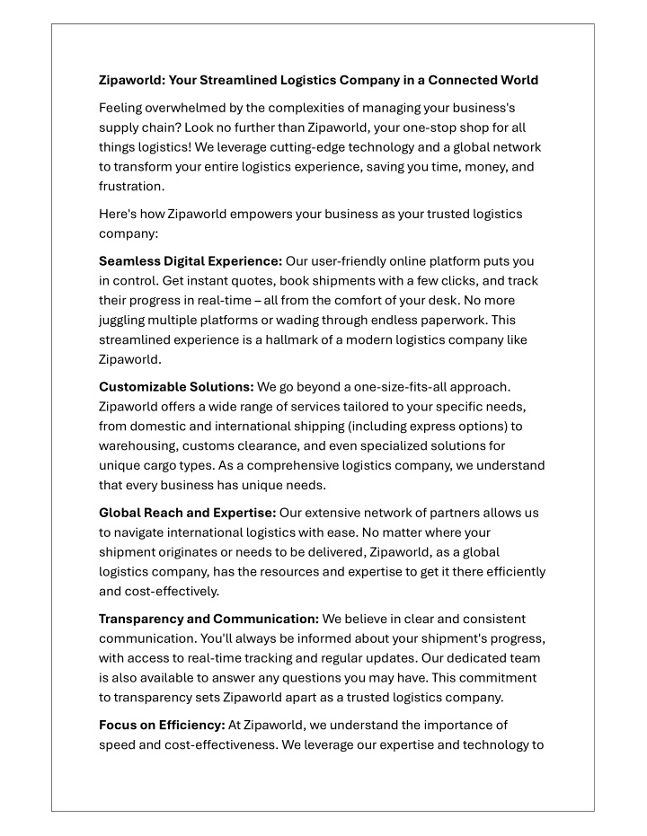 zipaworld your streamlined logistics company n.w