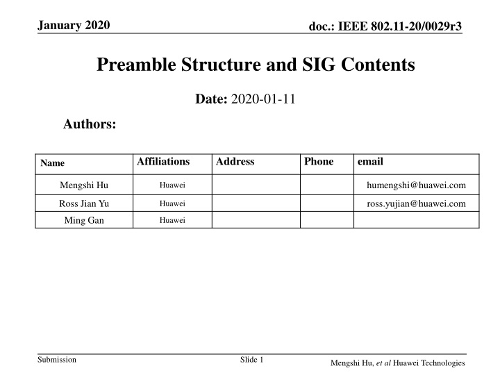 IEEE 802.11-20/0029r3 Preamble Structure and SIG Contents Overview