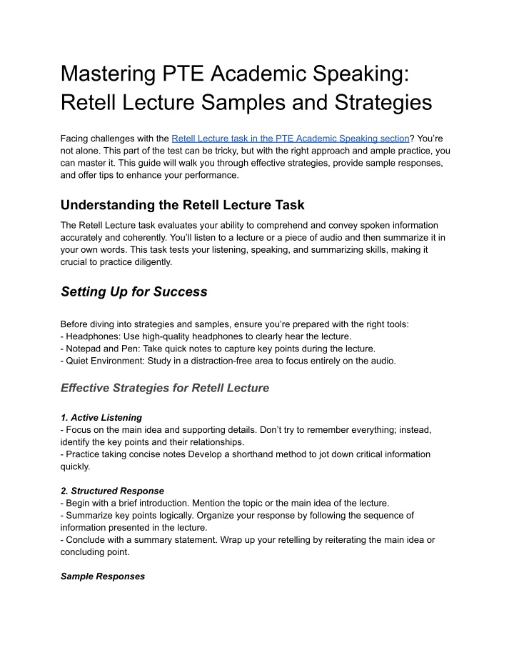 mastering pte academic speaking retell lecture n.w
