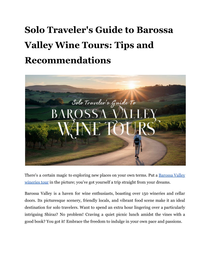 solo traveler s guide to barossa n.w
