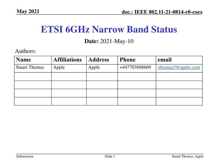 Narrow Band Activities Post BRAN109e Meeting Summary