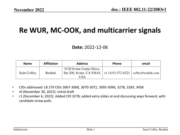 IEEE 802.11-22/2083r1 Wake-Up Radio (WUR) and MC-OOK Signals