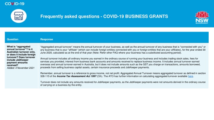 Aggregated Annual Turnover for COVID-19 Business Grants