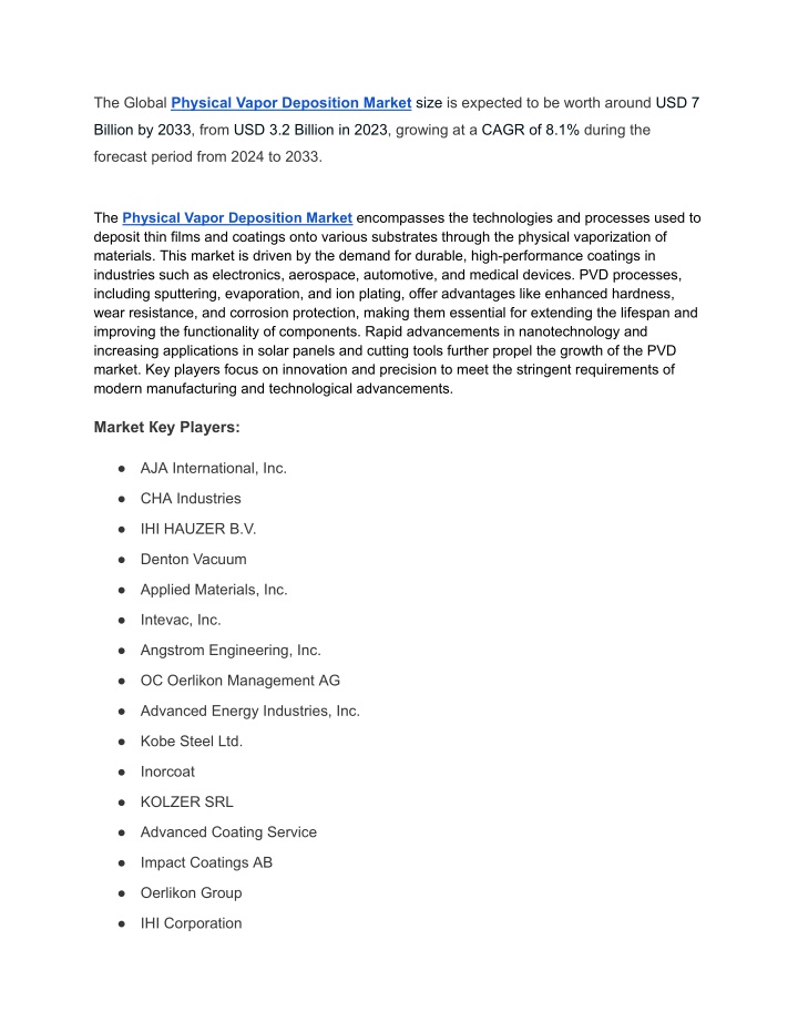 the global physical vapor deposition market size n.w