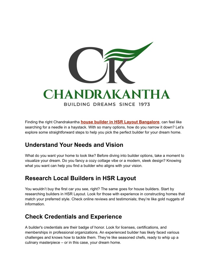 finding the right chandrakantha house builder n.w
