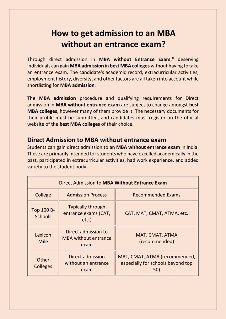 how to get admission to an mba without n.w