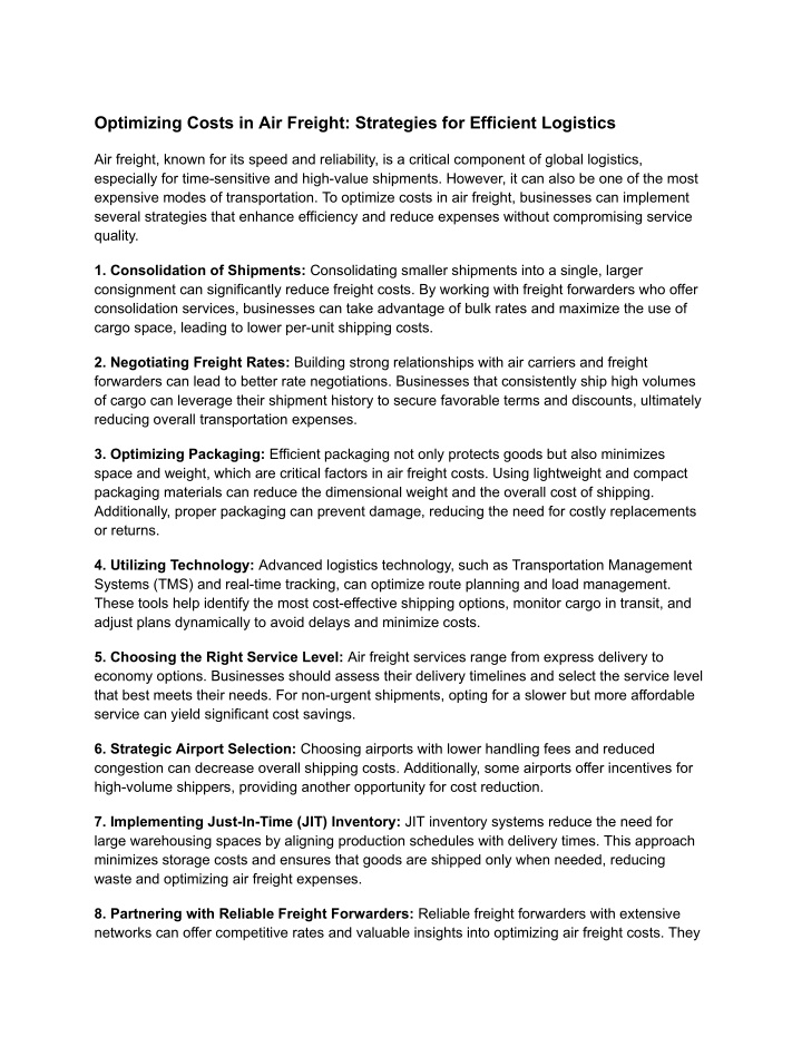 optimizing costs in air freight strategies n.w