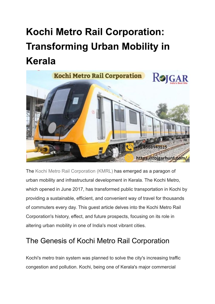 kochi metro rail corporation transforming urban n.w