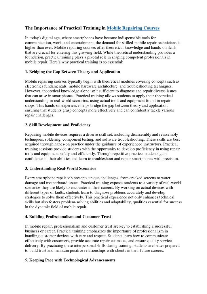 the importance of practical training in mobile n.w